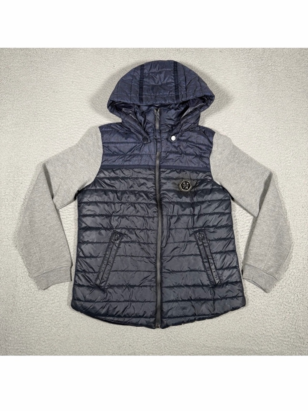Philipp Plein Navy Quilted Hooded Performance Jacket with Gray Sleeves